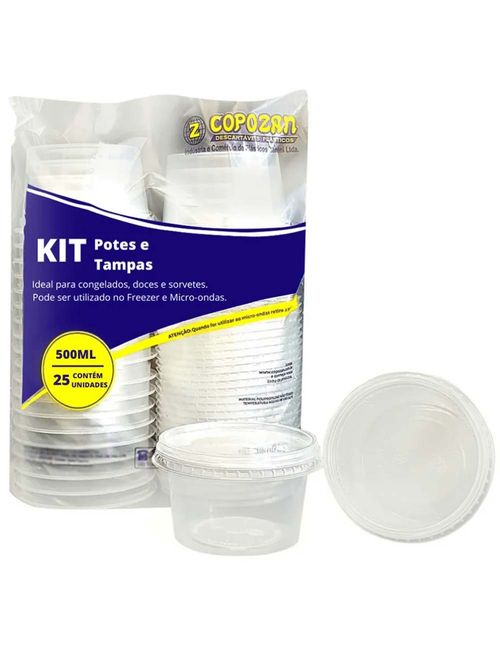 Pote Plástico Redondo Transparente Freezer/Microondas 500ml c/25 - Copozan