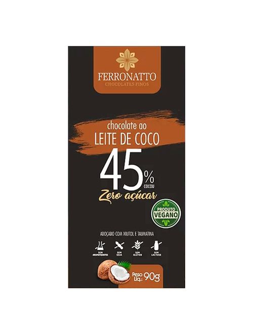 Tablete de Chocolate Ao Leite de Coco 45% Cacau Zero Açúcar 90g -  Ferronatto