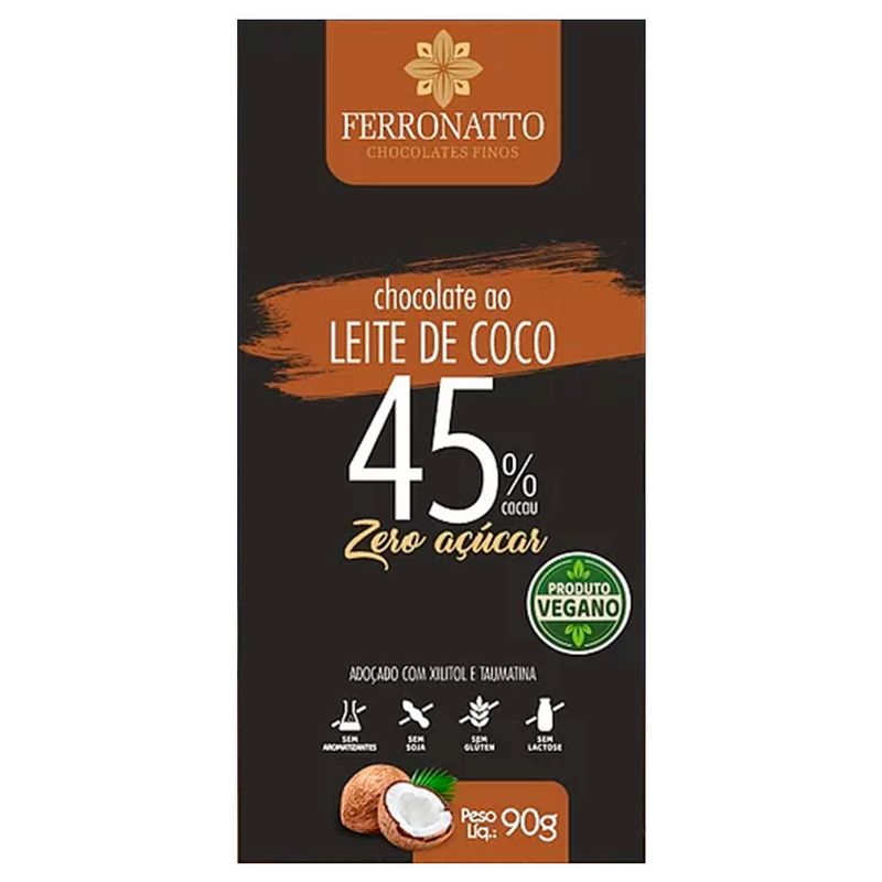 Tablete-de-Chocolate-Ao-Leite-de-Coco-45--Cacau-Zero-Acucar-90g----Ferronatto