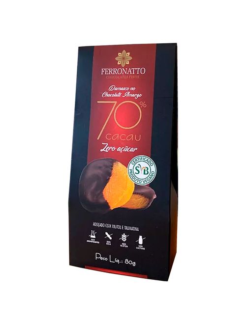 Damasco no Chocolate Amargo 70% Cacau Zero Açúcar 80g - Ferronatto