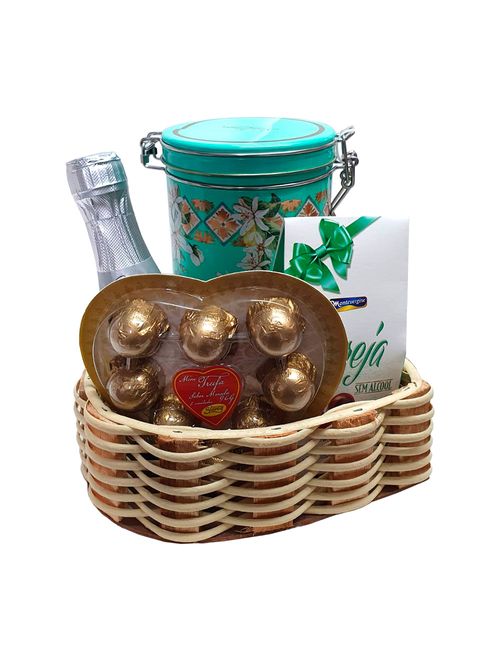 Kit Carinho - Espumante + Bombom + Biscoito Amanteigado + Mini Trufa + Cesta Coração