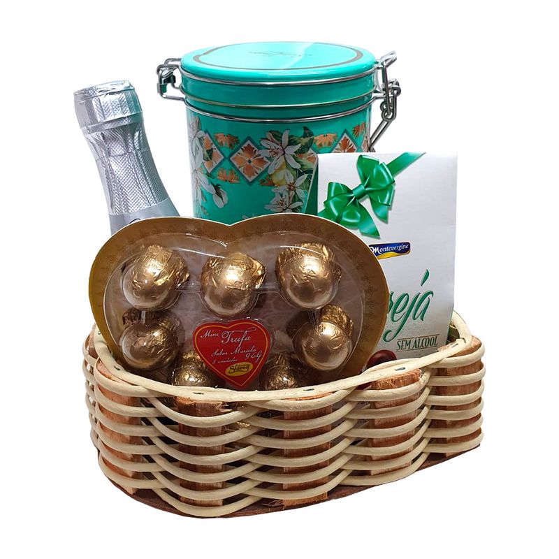 Kit-Carinho---Espumante---Bombom---Biscoito-Amanteigado---Mini-Trufa---Cesta-Coracao