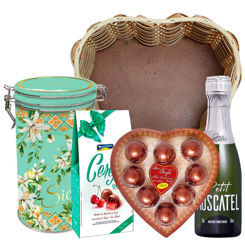 Kit-Carinho---Espumante---Bombom---Biscoito-Amanteigado---Mini-Trufa---Cesta-Coracao