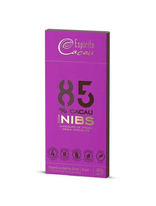 Tablete de Chocolate Amargo 85% Cacau Nibs Vegano 80g - Espírito Cacau