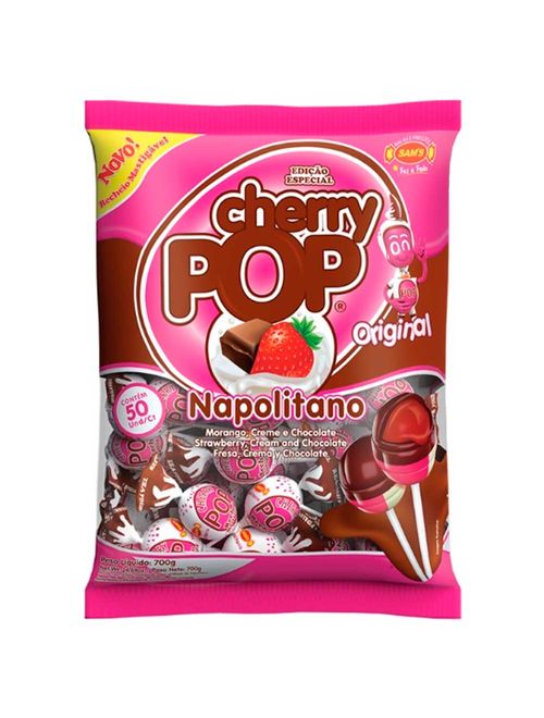 Pirulito Cherry Pop Napolitano Recheado c/50 - Sams