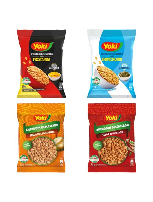 Kit 4 Amendoins Yoki 150g - Apimentado, Molho Especial, Mostarda e Chimichurri