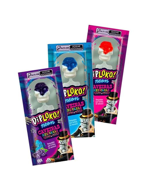 Pirulito Caveira Neon Dip Loko Sortido 288g c/24 - Danilla