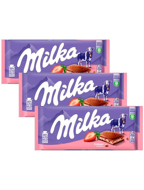 Kit 3 Tabletes de Chocolate Recheio Morango 100g - Milka