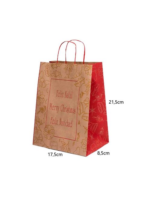 Sacola Papel Kraft Feliz Navidad 17,5x8,5x21,5cm Unidade - LC Embalagens