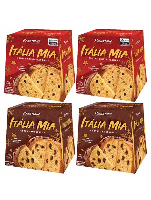 Kit com 2 Panetone Frutas + 2 Panetone Gotas Italia Mia 400g Vegano - Romanato