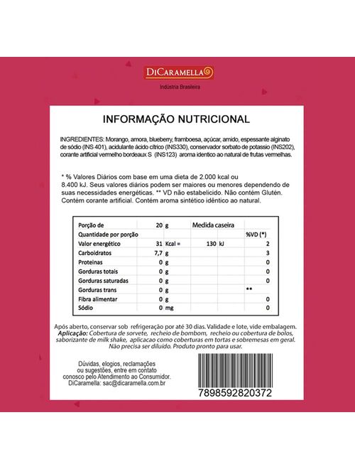Recheio e Cobertura de Frutas Vermelhas 400g - Di Caramella