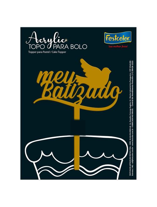 Topo Acrylic Meu Batizado Dourado Fosco - Festcolor