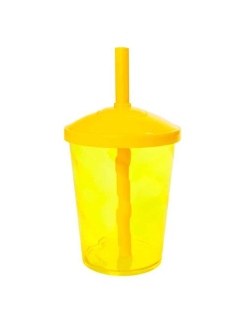 Mini Copo Shake com Tampa e  Canudo Translúcido Amarelo 300ml - Comix Plásticos