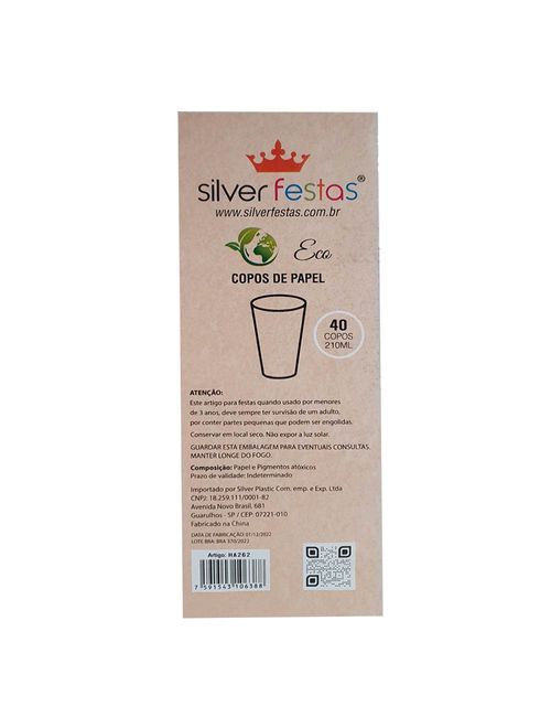 Copo de Papel Eco Capacidade 210ml c/40 - Silver Festas