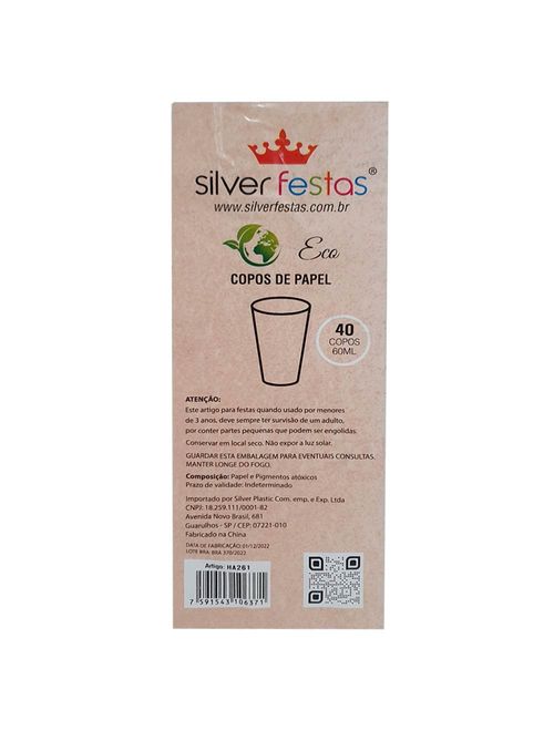 Copo de Papel Eco Capacidade 60ml c/40 - Silver Festas