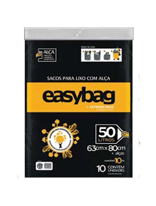 Saco de Lixo Preto com Alça 50L 63cmX80cm c/10 - Extrusa-Pack