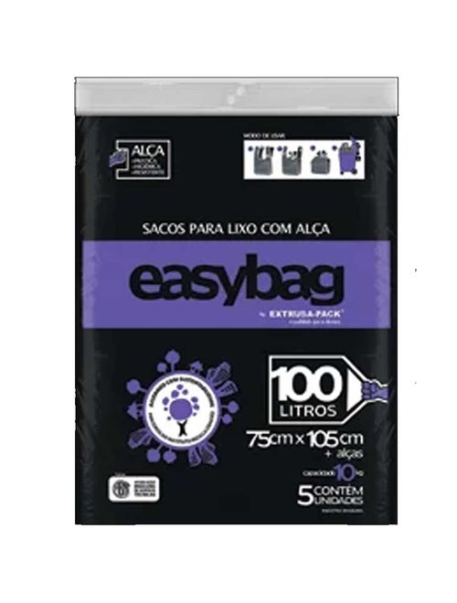 Saco de Lixo Preto com Alça 100L 75cmX1,05m c/5 - Extrusa-Pack
