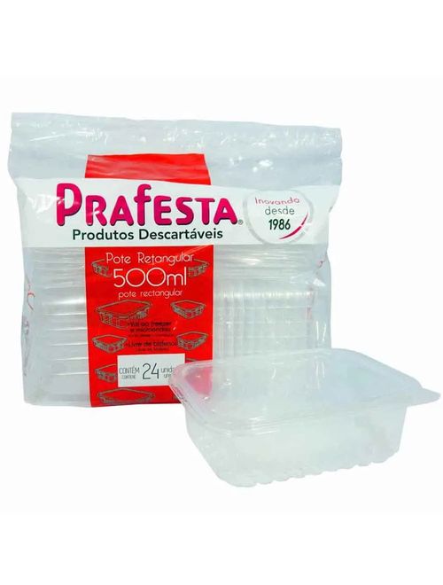 Pote Plástico Retangular Transparente Freezer/Microondas 500ml c/24 - Prafesta