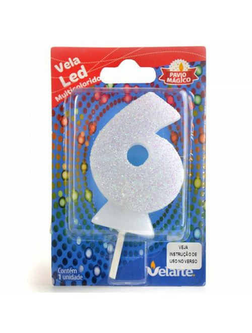 Vela de Aniversário Led Multicolorido Branca nº6 - Velarte