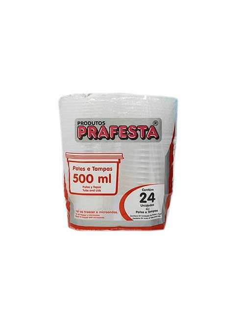 Pote Plástico Redondo Transparente Freezer/Microondas 500ml c/24 - Prafesta