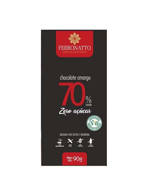 Tablete de Chocolate Amargo 70% Cacau Zero Açúcar 90g -  Ferronatto