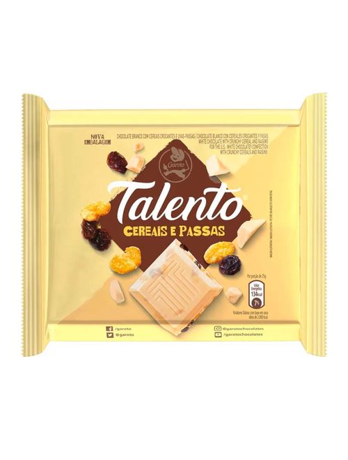 Tablete de Chocolate Talento Branco Cereais e Passas 85g - Garoto