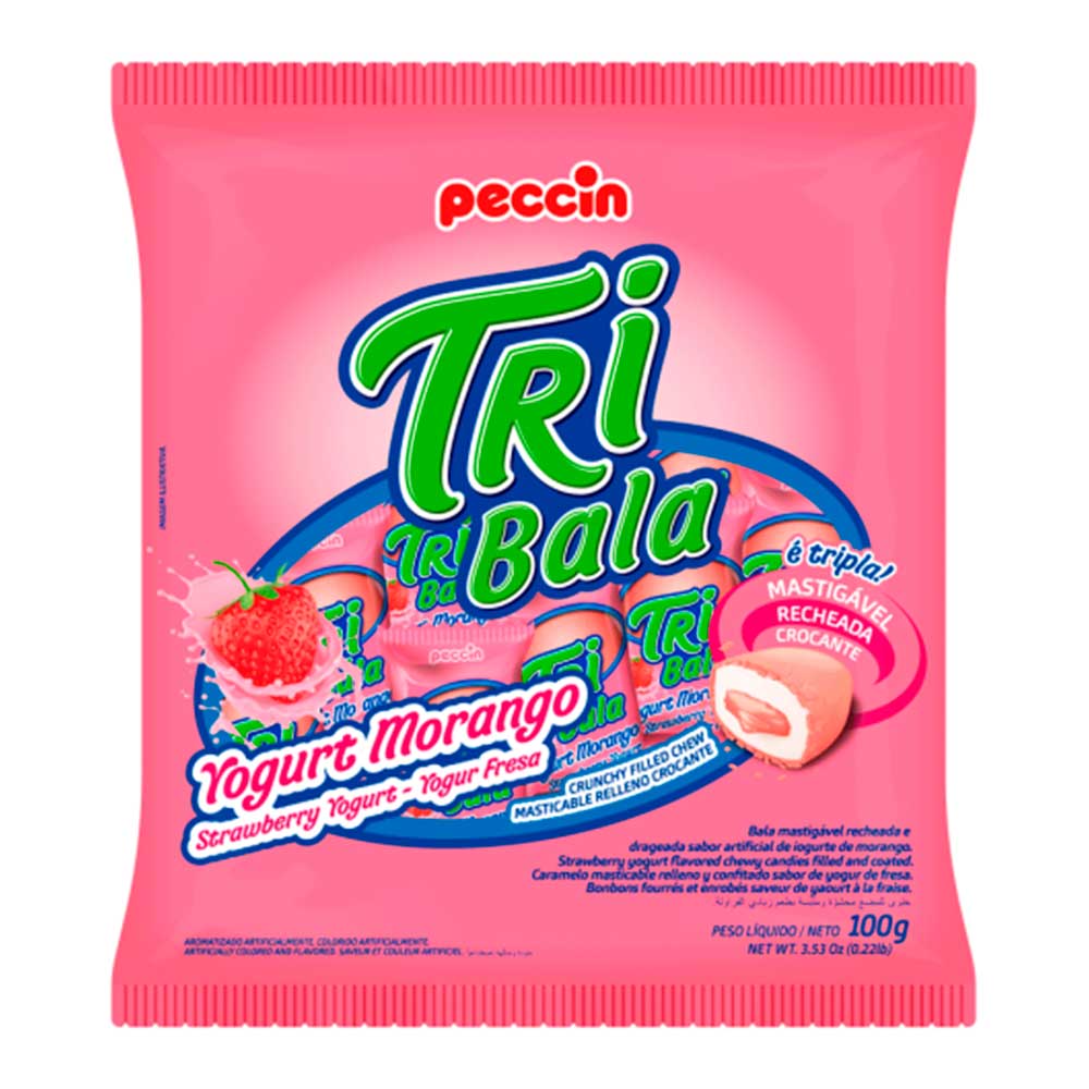 Bala Tribala Recheada Yogurt Morango 100g Peccin Doce Malu 4707