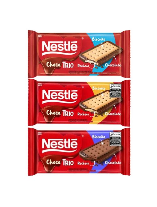 Kit com 3 Tabletes 90g Chocotrio Nestlé 1 Chocolate, 1 Leite e 1 Amendoim