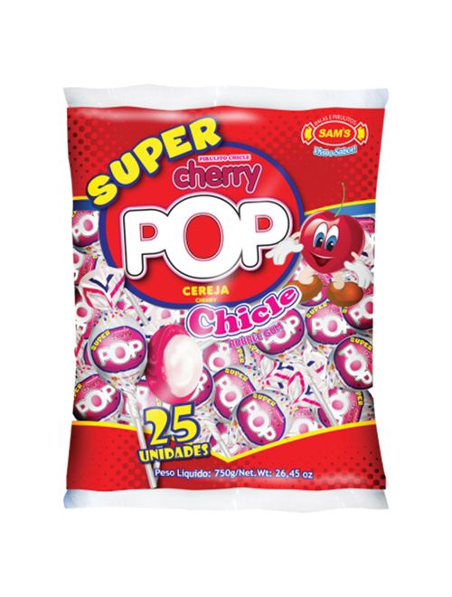 Pirulito Super Cherry Pop Cereja Recheio Chiclete c/25 - Sams