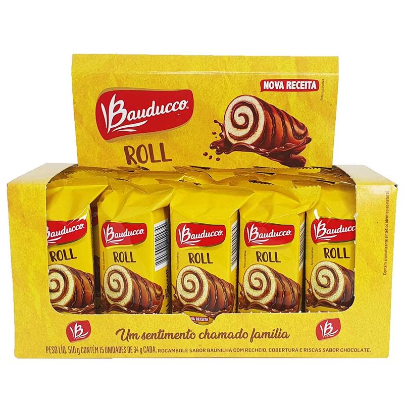 Bolinho Roll Baunilha com Chocolate 34g c/15 - Bauducco - Doce Malu