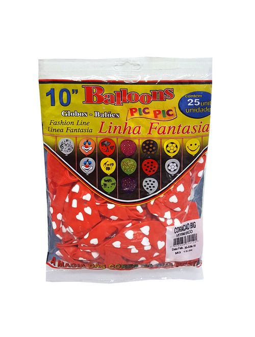 Balão Fantasia Coração Vermelho e Branco Tamanho 10 c/25 - Pic Pic