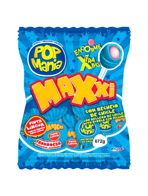 Pirulito Pop Mania Maxxi Framboesa Recheio Chiclete 672g - Freegells