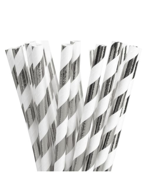 Canudo de Papel Listrado Prateado c/15 - Silver Festas