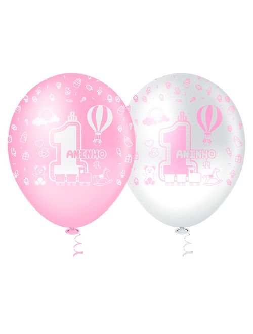 Balão Decorado 1 Aninho Rosa Tamanho 10 c/25 - Pic Pic