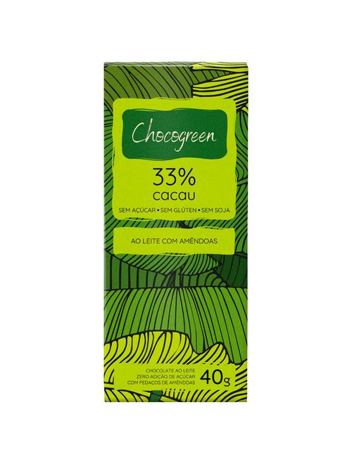 Tablete Chocolate ao Leite com Amêndoas Vegano 33% Cacau 40g - Chocogreen