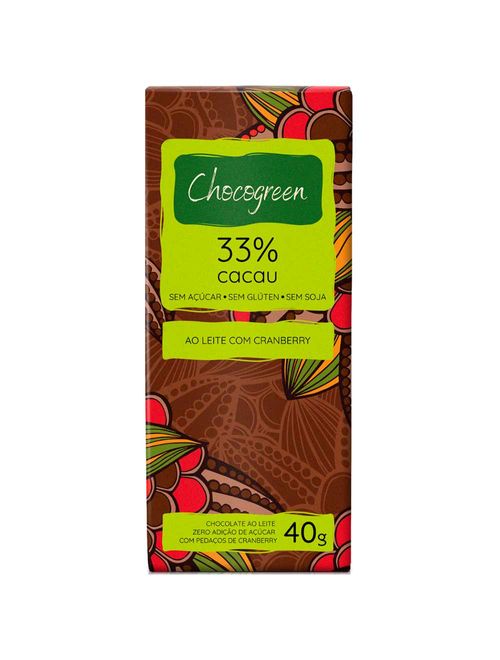 Tablete Chocolate ao Leite com Cranberry Vegano 33% Cacau 40g - Chocogreen
