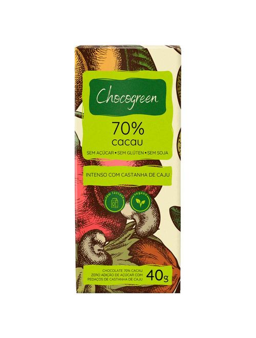 Tablete Chocolate Intenso com Castanha de Caju Vegano 70% Cacau 40g - Chocogreen