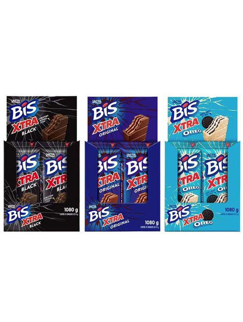 Kit 3 Displays Bis Extra ao Leite + Bis Extra Black + Bis Extra Oreo c/24 - Lacta