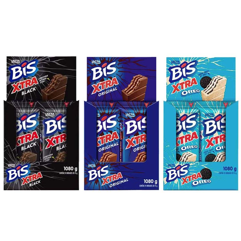 Kit 2 Displays Bis Xtra ao Leite + Bis Xtra Oreo c/24 - Lacta - Doce Malu