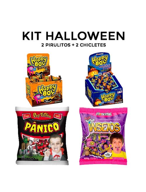 Doces Dia das Bruxas Halloween 2 Pirulitos (Pânico+Insetos) 2 Chiclés (Sustoo+Pinta Língua)