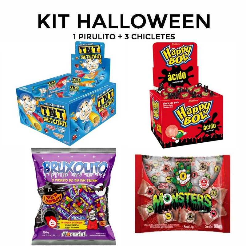 Doces-Dia-das-Bruxas-Halloween-3-Chicles--Cabeca-Abobora-Olho-Baba-de-Bruxa--1-Pirulito-Bruxolito