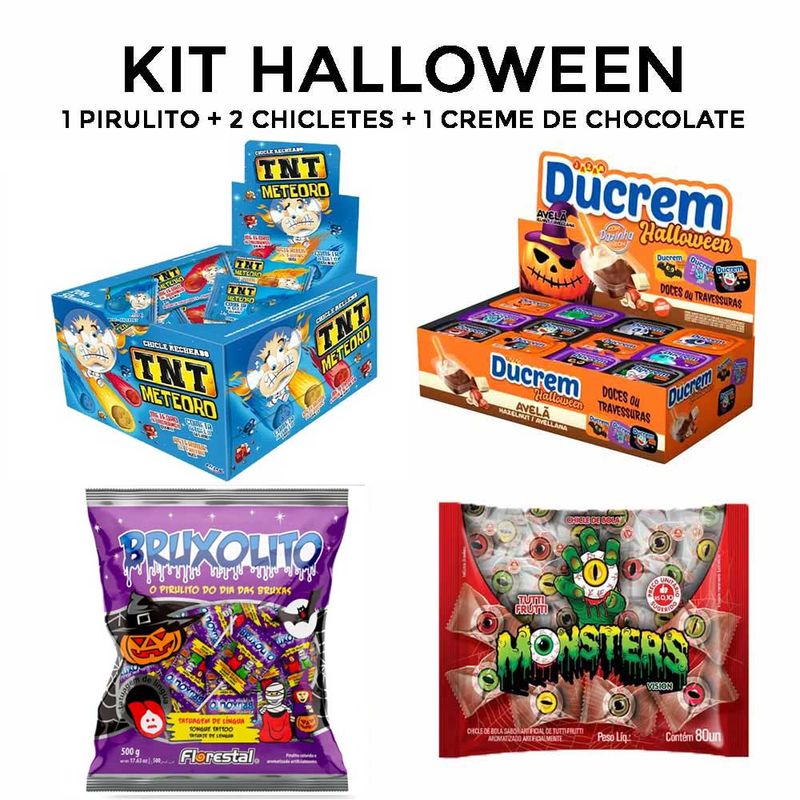 Doces-Dia-das-Bruxas-Halloween-1-Chicle-Cabeca-Abobora-e-1-Olho-1-Creme-Avela-1-Pirulito-Bruxolito