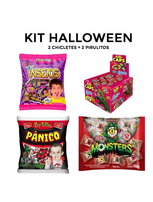 Doces Guloseimas Dia das Bruxas Halloween 2 Chicletes e 2 Pirulitos (Pânico+Insetos)