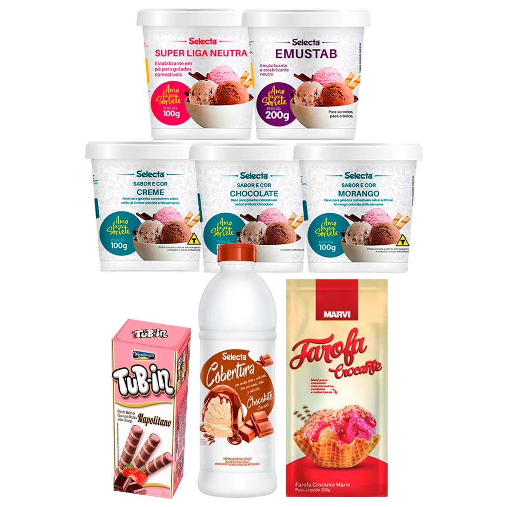 Kit Faça Sorvete em Casa Sabor Napolitano Base+Cobertura+Sabor em Pó 8 Itens