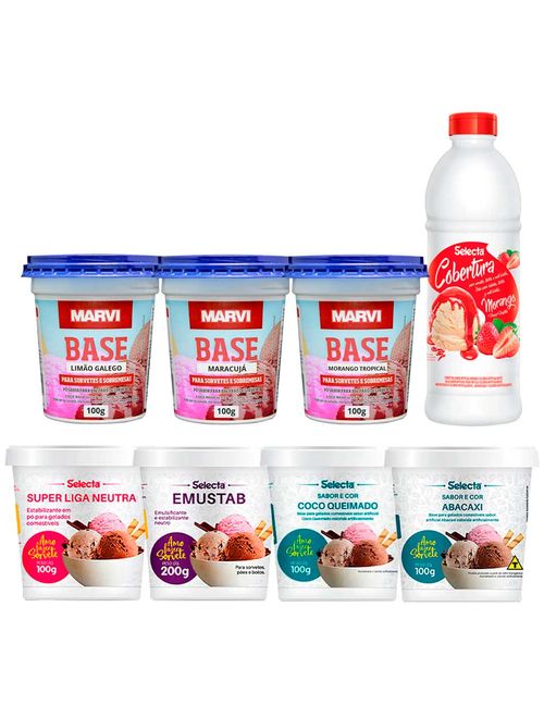 Kit Faça Sorvete em Casa Sabores Tropicais Base+Cobertura+Sabor em Pó 8 Itens