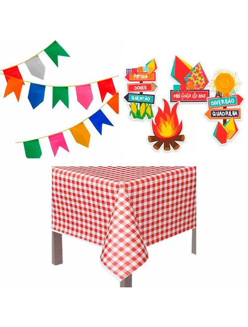 Kit Festa Junina Decoração - Bandeira + Toalha + Enfeite de Mesa