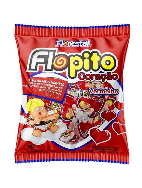 Pirulito Flopito Coração Vermelho Morango c/50 - Florestal