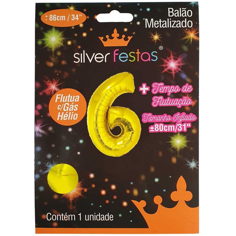 Balao-Metalizado-Ouro-80cm-Numero-6---Silver-Festas