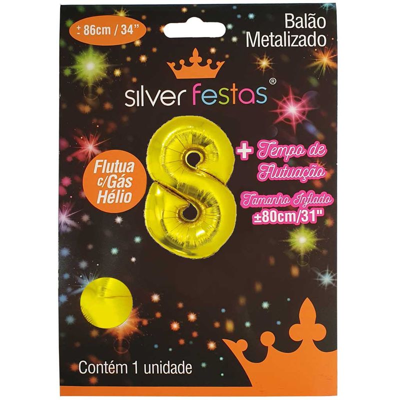 Balao-Metalizado-Ouro-80cm-Numero-8---Silver-Festas