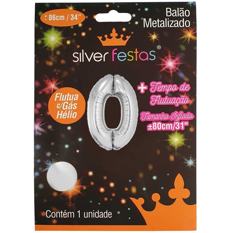 Balao-Metalizado-Prata-80cm-Numero-0---Silver-Festas